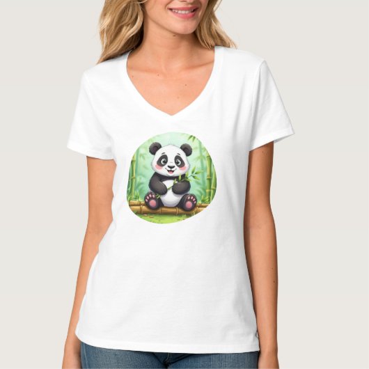 Cute Cartoon Panda on Bamboo Patch T-Shirt (Vorderseite)