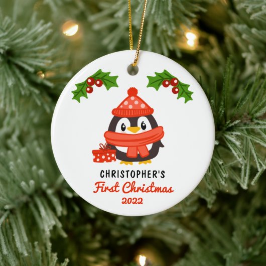 Cute Cartoon Penguin Baby's First Christmas Foto Keramik Ornament (Baum)