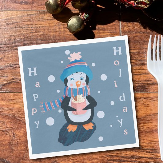 Cute Cartoon Penguin Blue Holidays Paper Napkin Serviette