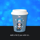 Cute Cartoon Penguin with Hot Cocoa Blue Paper Cup Pappbecher