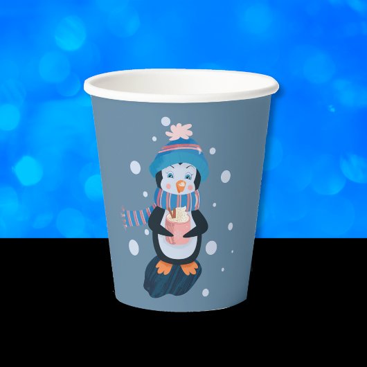 Cute Cartoon Penguin with Hot Cocoa Blue Paper Cup Pappbecher