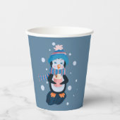 Cute Cartoon Penguin with Hot Cocoa Blue Paper Cup Pappbecher (Vorderseite)