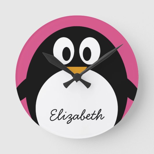 cute cartoon penguin with pink background runde wanduhr (Vorderseite)