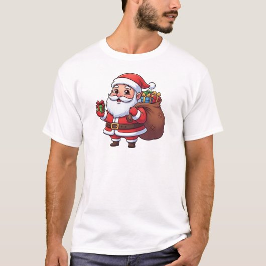 Cute Cartoon Santa Claus Holding Gift with Sack   T-Shirt (Vorderseite)
