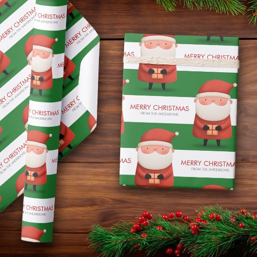 Cute Cartoon Santa Merry Christmas Name Green Gift Geschenkpapier