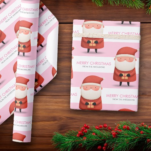 Cute Cartoon Santa Merry Christmas Name Pink Gift Geschenkpapier