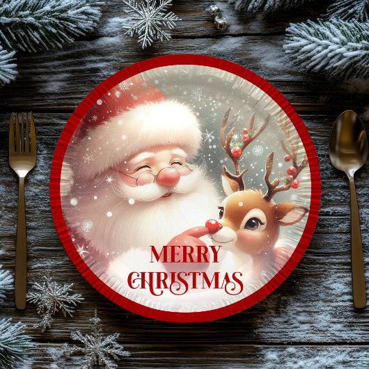 Cute Cartoon Santa Rudolph Christmas Party Plates Pappteller