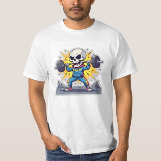 “Cute Cartoon Skeleton Weightlifter • Funny Gym Ba T-Shirt (Vorderseite)