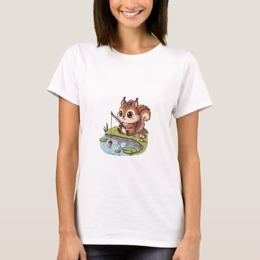 Cute Cartoon Squirrel Fishing with Acorn in Pond T-Shirt (Vorderseite)