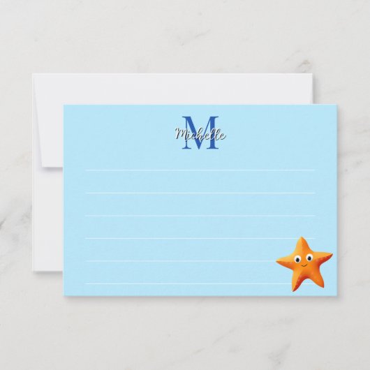 Cute Cartoon Starfish Blue Ocean Lined Monogram Mitteilungskarte (Vorderseite)