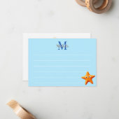 Cute Cartoon Starfish Blue Ocean Lined Monogram Mitteilungskarte (Vorderseite/Rückseite Beispiel)