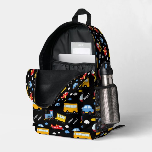 Cute Cartoon Vehicles Pattern Bedruckter Rucksack (Rückseitige Ecke links (Offen) )