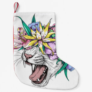 Cute cartoon wild cat head in a floral wreath. Bea Kleiner Weihnachtsstrumpf
