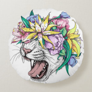 Cute cartoon wild cat head in a floral wreath. Bea Rundes Kissen