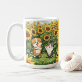 Cute Cat and Dog Sunflower Field Mug Kaffeetasse