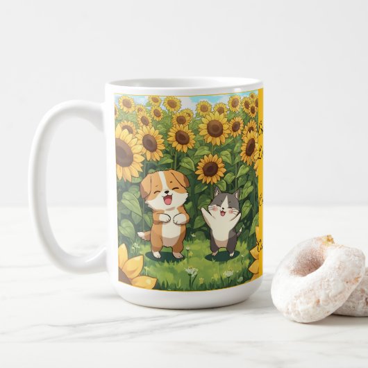 Cute Cat and Dog Sunflower Field Mug Kaffeetasse (Mit Donut)