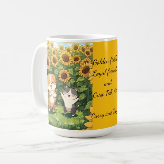 Cute Cat and Dog Sunflower Field Mug Kaffeetasse (Vorderseite Links)