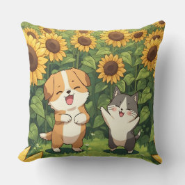 Cute Cat and Dog Sunflower Throw Pillow Kissen