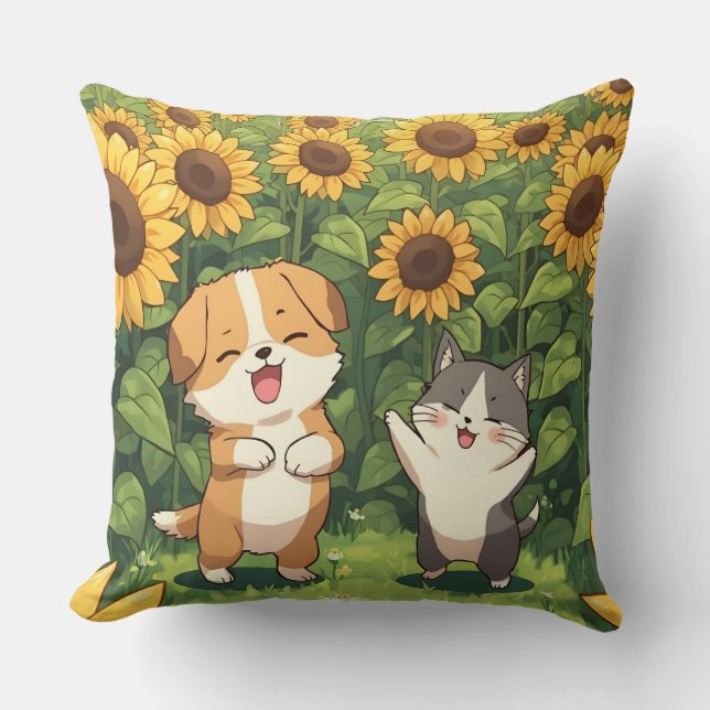 Cute Cat and Dog Sunflower Throw Pillow Kissen (Vorderseite)