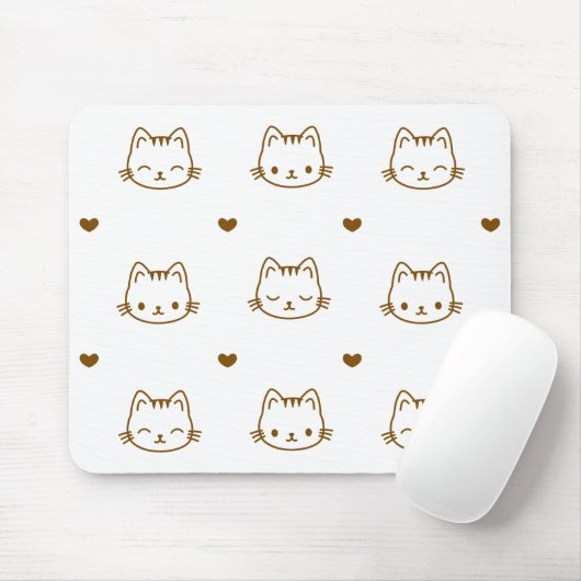 Cute Cat and Heart Pattern Brown on White Mousepad (Mit Mouse)