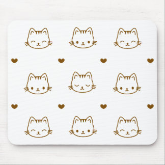 Cute Cat and Heart Pattern Brown on White Mousepad