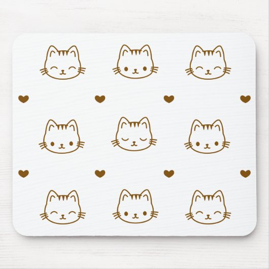 Cute Cat and Heart Pattern Brown on White Mousepad (Vorne)