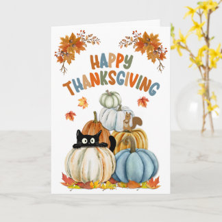 Cute Cat and Retro Pumpkins Happy Thanksgiving  Karte