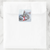 Cute Cat and Santa Claus Hat Quadratischer Aufkleber (Tasche)