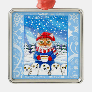 Cute cat and snowy owls, snow ornament