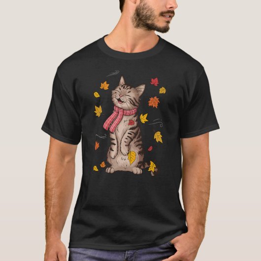 Cute Cat Autumn Fall Breeze Leaves Kitten T-Shirt (Vorderseite)