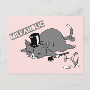 Cute Cat Baron Pun Illustration   "Milkaholic" Postkarte