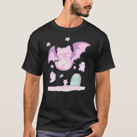Cute Cat Bat & Ghosts Goth Pastel Kawaii Halloween T-Shirt (Vorderseite)