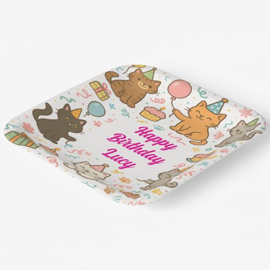 Cute Cat Birthday Party Plate with Custom Name Pappteller (Gewinkelt)