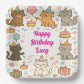 Cute Cat Birthday Party Plate with Custom Name Pappteller (Vorderseite)