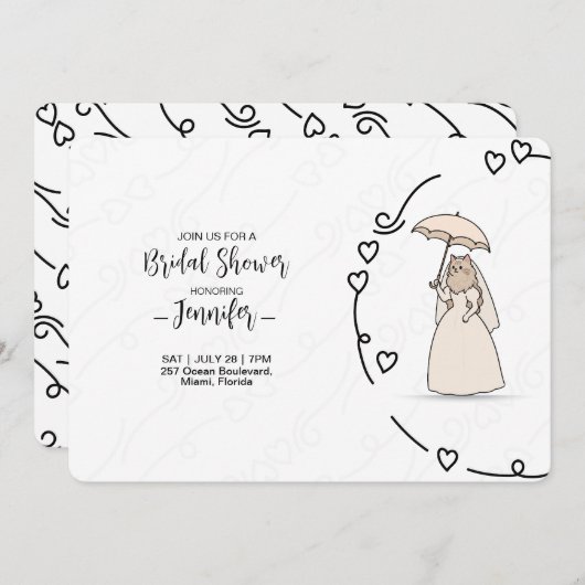 Cute Cat bride with elegant Hearts bridal shower Einladung (Vorne/Hinten)