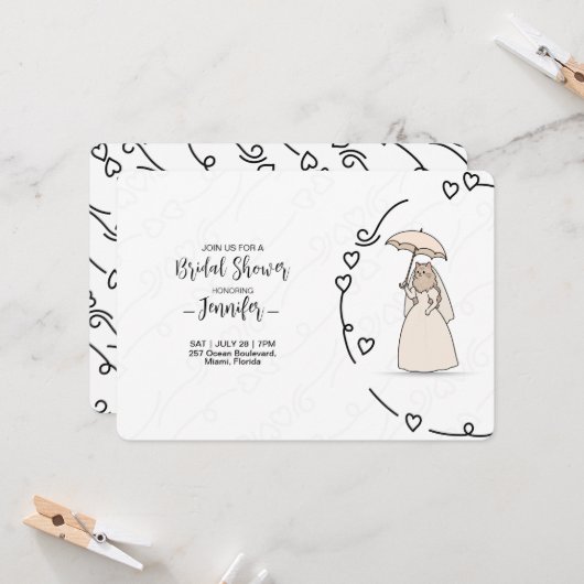 Cute Cat bride with elegant Hearts bridal shower Einladung (Vorderseite/Rückseite Beispiel)