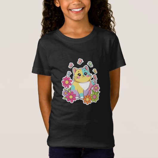 Cute Cat & Butterfly Garden Kids T-Shirt (Vorderseite)