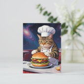 Cute Cat Chef Making CheeseBurger in Space Diner Postkarte (Stehend Vorderseite)