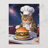 Cute Cat Chef Making CheeseBurger in Space Diner Postkarte (Vorderseite)