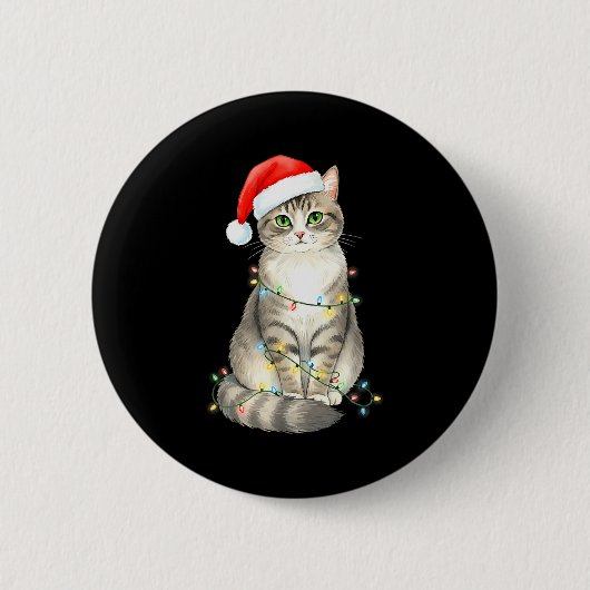 Cute Cat Christmas Lights Santa Hat Snow Holiday A Button (Vorderseite)