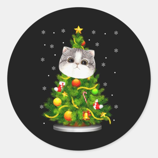 Cute Cat Christmas Tree Holiday Cat Lovers Xmas Wo Runder Aufkleber (Vorderseite)