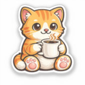 Cute Cat Coffee – Cozy Orange Cat Drinking Coffee  Aufkleber (Vorderseite)