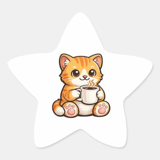 Cute Cat Coffee – Cozy Orange Cat Drinking Coffee  Stern-Aufkleber (Vorderseite)