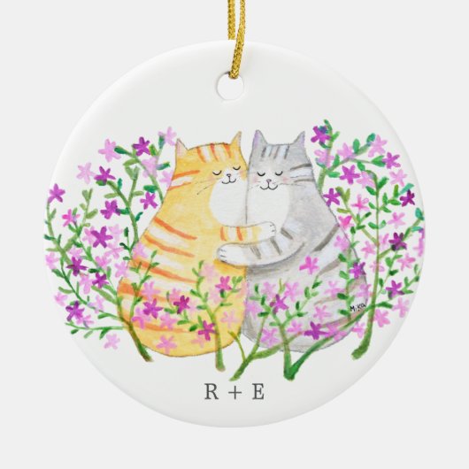 Cute Cat Couple Flowers Custom initial name year  Keramik Ornament (Vorne)