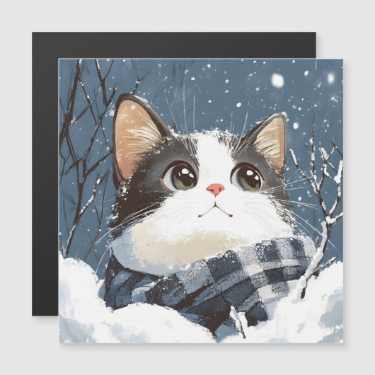 Cute cat cozy winter snow magnetkarte (Vorne/Hinten)
