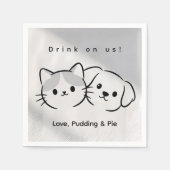Cute Cat & Dog Line Art "Drink on Us!" Cocktail Na Serviette (Vorderseite)