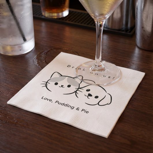 Cute Cat & Dog Line Art "Drink on Us!" Cocktail Na Serviette