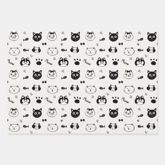 Cute Cat Doodle Pattern – Black and White Cat Face Geschenkpapier Set (Vorderseite 2)