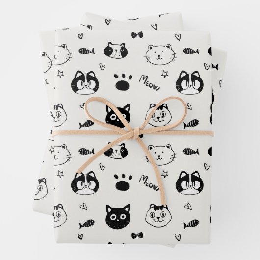 Cute Cat Doodle Pattern – Black and White Cat Face Geschenkpapier Set (Beispiel)