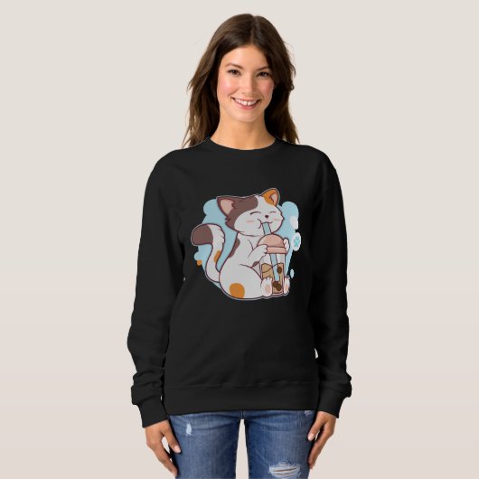 Cute Cat Drinking Bubble Tea  Tea  Costume Sweatshirt (Vorne ganz)
